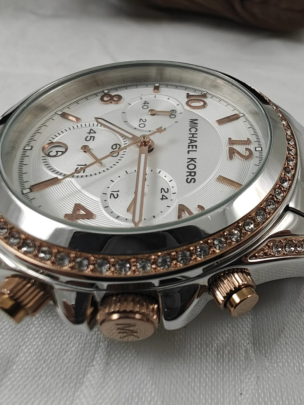 Michael Kors Women's Silver and Rose Gold-Tone Chronograph Watch NEW BATTERY